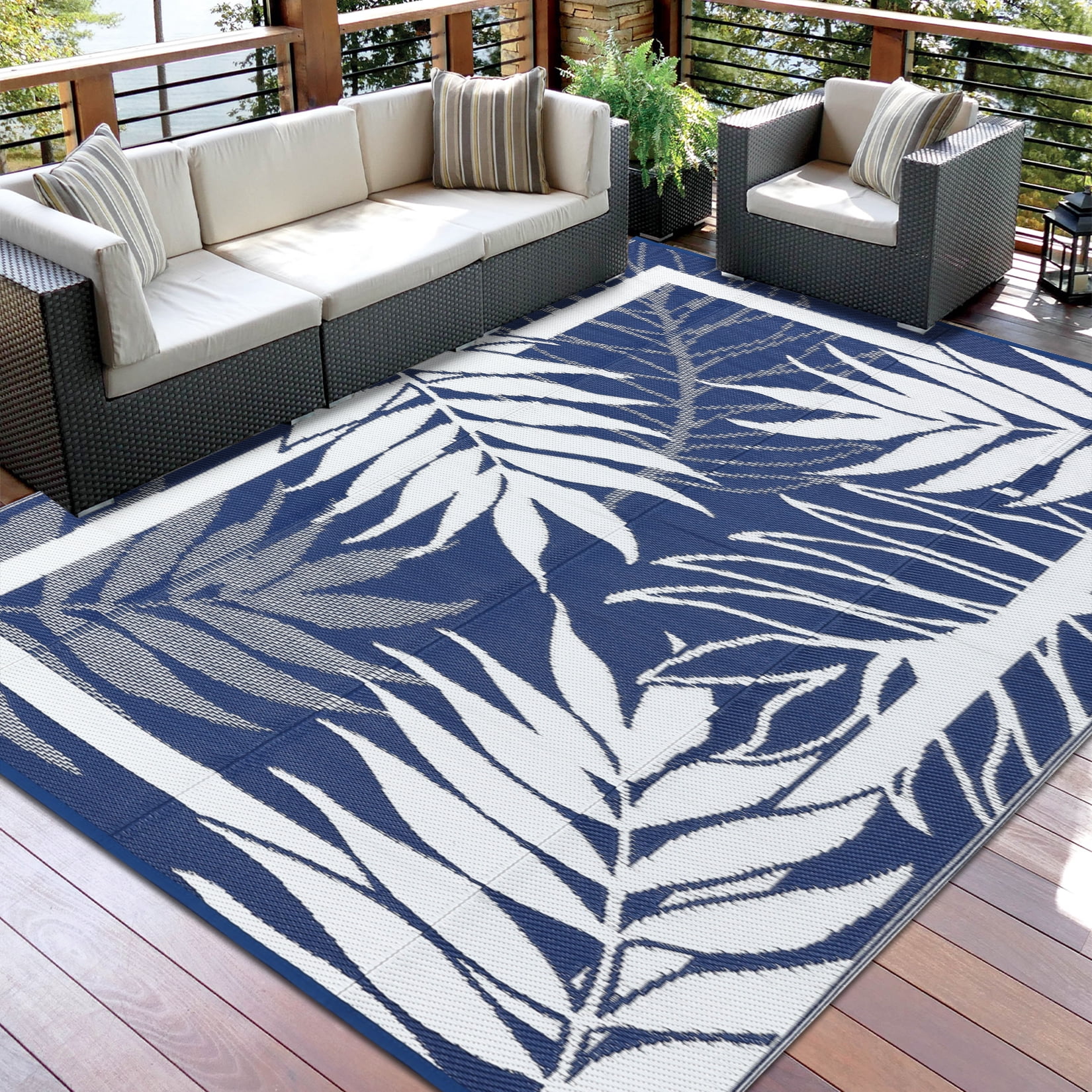 Soonbuy 9x18FT Outdoor Rug with Palm Leaf Pattern, Waterproof Reversible Patio Carpet, Fade Resistant Outdoor Area Rug with Heavy Duty Non-Slip Backing for Deck, Backyard, Pool, Porch, Living Room