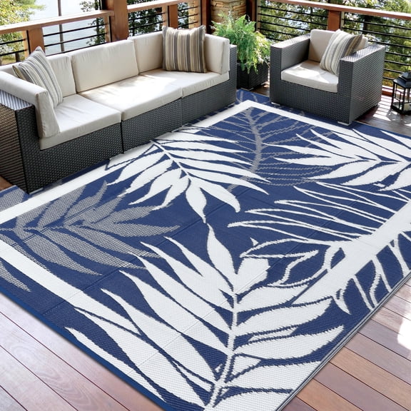 Garvee 8'x10' Waterproof Outdoor Rug Leaf Pattern Bordered Plastic Patio Mat, Modern Reversible Non-Slip Outdoor Carpet for Camping, RV, Balcony, Porch, Picnic, Dark Blue and White