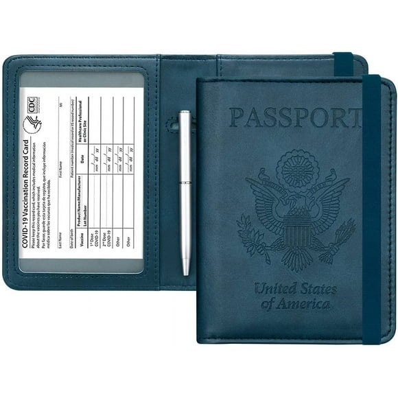 Passport and Vaccine Card Holder Combo - Leather RFID Blocking Wallet with Elastic Strap Travel Cover Case for Passport, with USA CDC Vaccination Card Slot, with Pen, Navy Blue