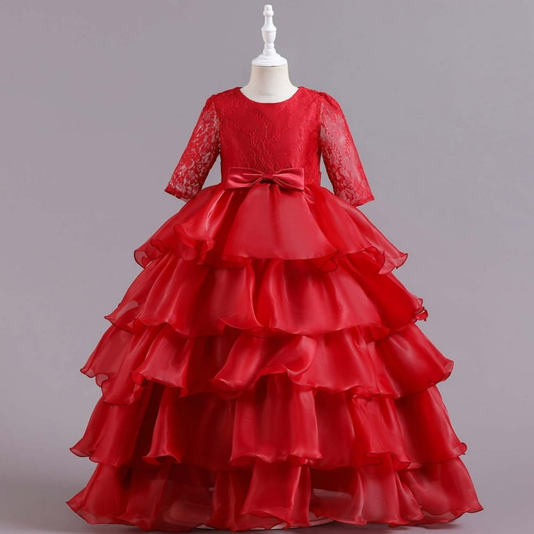 HAPIMO Girls's Party Gown Birthday Maxi Dress Lace Flower Bowknot Lovely  Holiday Relaxed Comfy Round Neck Mesh Tiered Swing Hem Cute Long Sleeve  Princess Dress Red 3-4 Years - Walmart.com