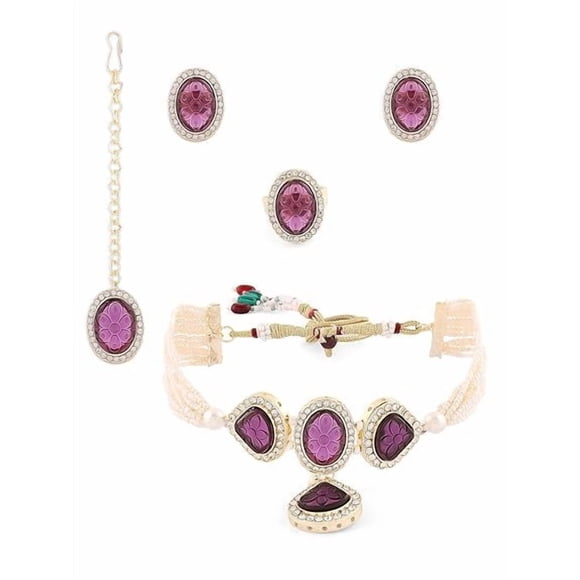 Multistrand Purple Stones & Beads Choker Necklace Set With Earring, Maang Tikka & Ring Set For Women | Beautifully Crafted & Bedazzled - Ethnic Indian Style Choker Wedding Jewellery Set