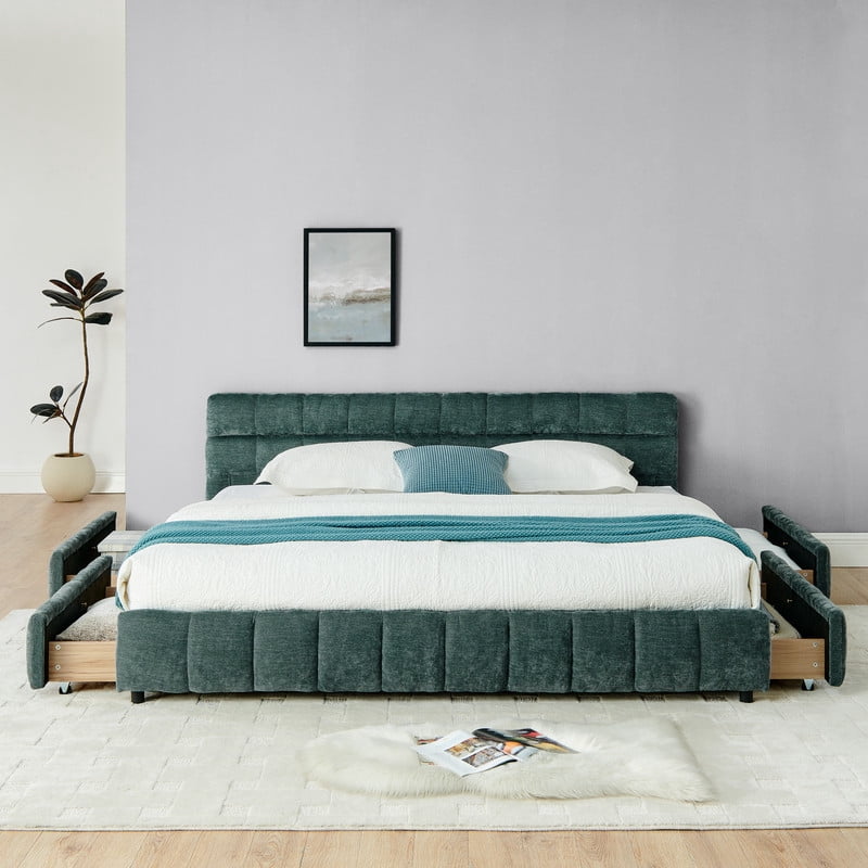 King Size Upholstered Platform Bed with 4 Storage Drawers, Low-Profile Chenille Grounded Bed with Headboard and Solid Frame, No Box Spring Needed