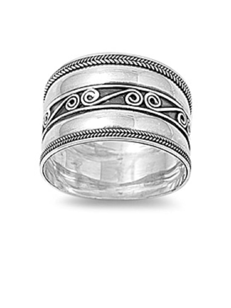 Silver Ring Bali Design Sterling 925 Hand Made 12mm Width Size 6 7 8 9 10 11 12 