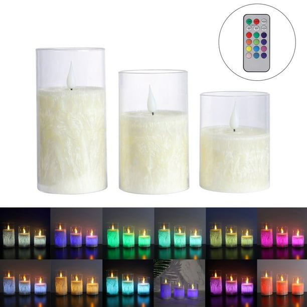 Set of 3 Flickering Flameless Candles, Color Changing LED Pillar
