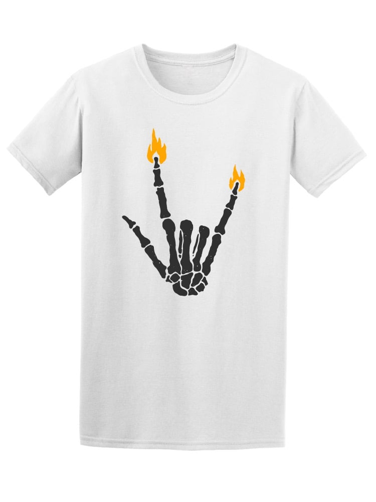 Skeleton Hand Burning Rock Sign Tee Men 