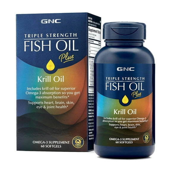 GNC Triple Strength Fish Oil Plus Krill Oil | Includes Krill Oil for Superior Omega-3 Absorption, Supports Heart, Brain, Skin, Eye, and Joint Health | 60 Softgels