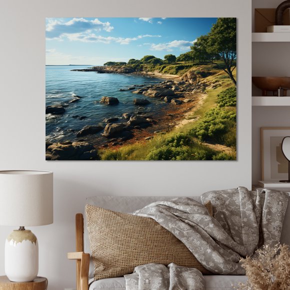 Designart Rhode Island Wall Art, Rhode Seashore Island horizon , Rhode Island Large Wall art decor, Turquoise Modern Canvas wall art, 32x16 inches