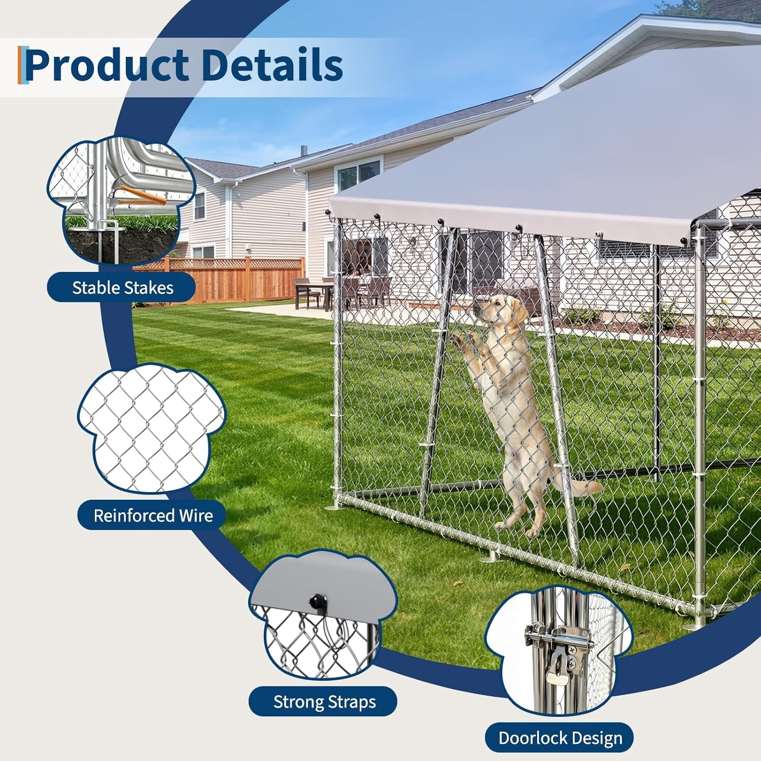 10×10×5.9 FT Home Large Metal Outdoor Dog Kennel, Metal Wire Dog Enclosure with Waterproof Roof & Adjustable Bowls Feeder for Backyard Farm