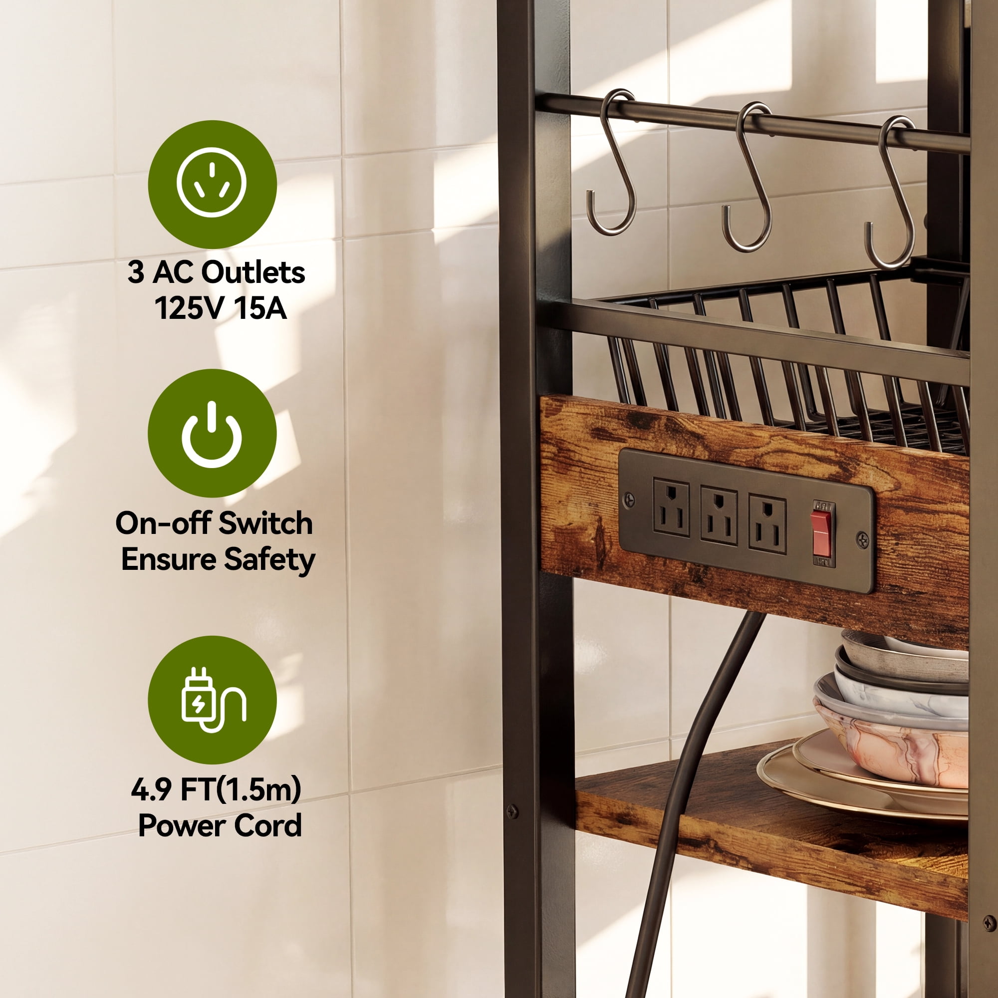 Keenstone Kitchen Bakers Rack Desktop Extension with 3 Power Outlets, Microwave Oven Stand with 14 S-shaped Hooks ,Coffee Bar Table 10 Tiers with Wire Basket,Rustic Brown