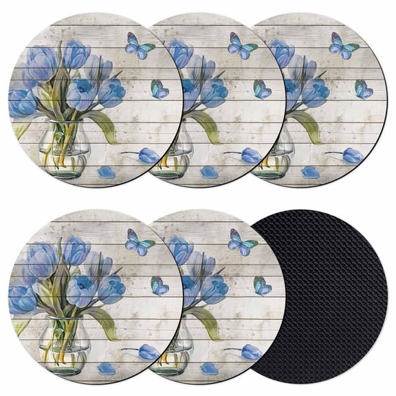 Blue Tulip Coasters Set of 6, Absorbent Coasters for Drinks, Vintage Spring Floral Retro Art Butterfly Wooden Coaster for Desk Coffee Table Protection, Home Decor House Warming Gifts 4"