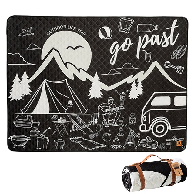 Manta de camping impresa de 200x150 cm con correa de transporte Alfombrilla de picnic Estera de playa (Negro)