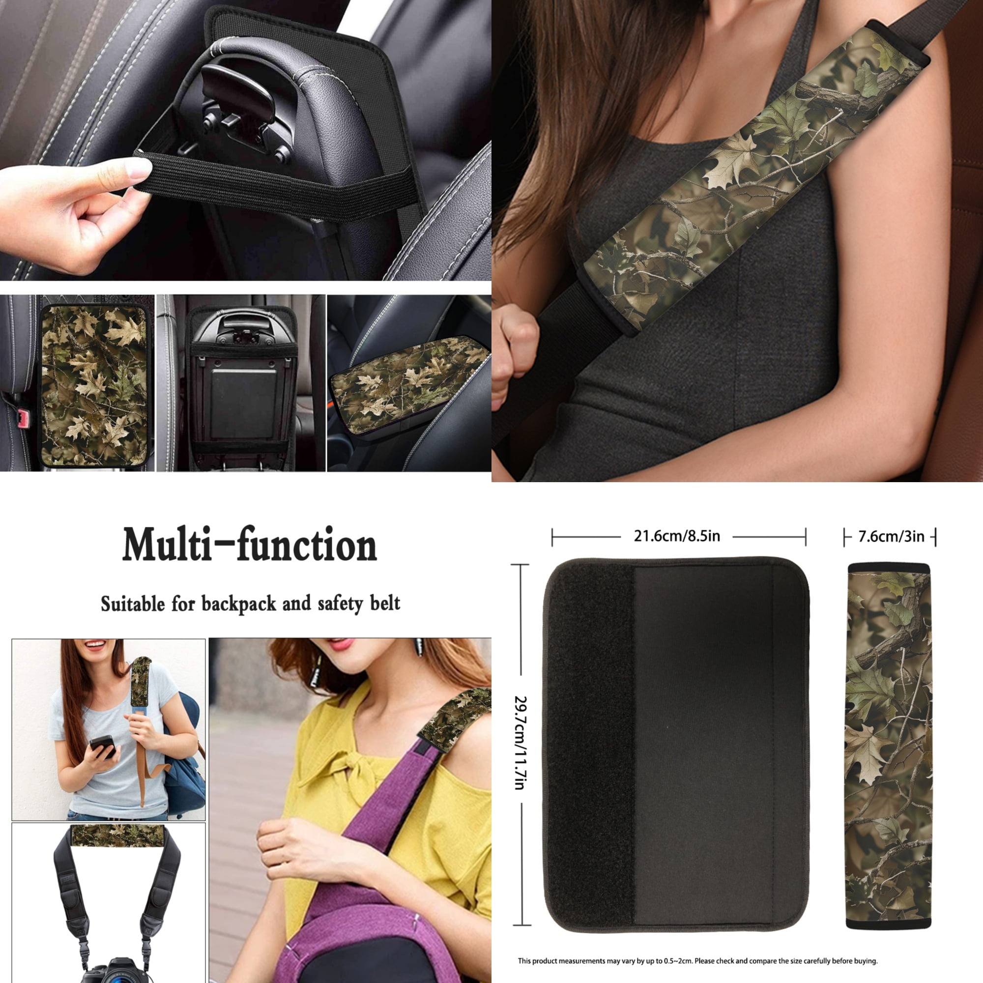 Jeiento Camo Hunting 13 PCS Car Seat Covers Full Set with Steering Wheel Cover Seat Belt Pads Armrest Cushion Woodland Forest Tree Coasters Keychain Lipstick Holder Auto Accessory Sets