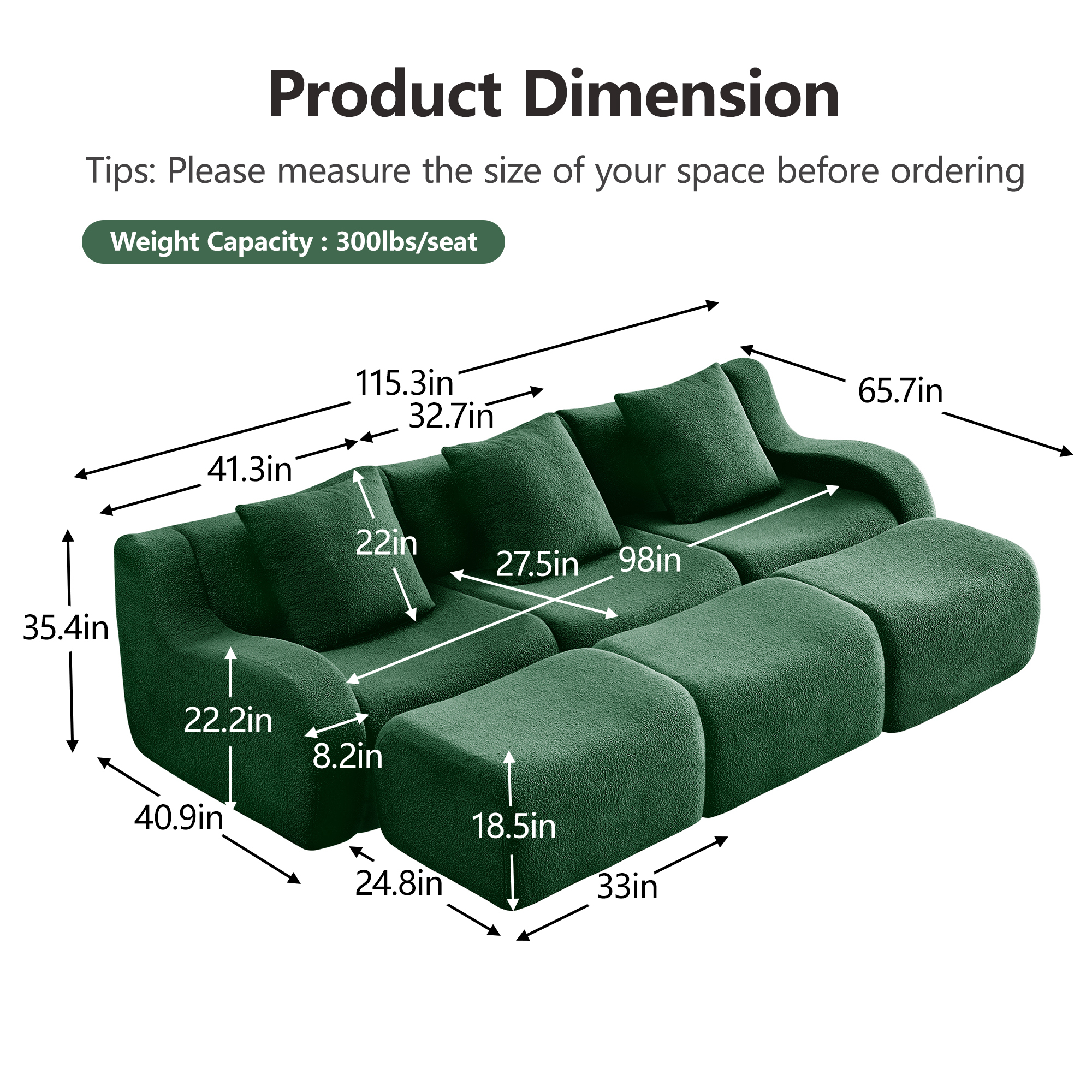 Alvantor Sectional Sofa with Reversible Ottoman 115" W 3-Seater Teddy Boneless Couch Chaise Modern Deep Seat Cloud Sofa for Living Room Green