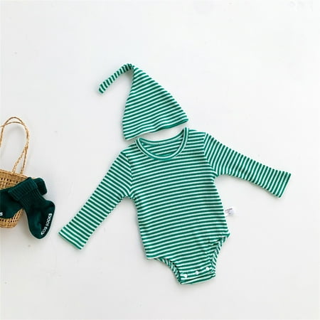

Hunpta Infant Newborn Baby Boys Girls Long Sleeve Striped Ribbed Romper With Cute Hat Outfit Set Clothes 2PCS