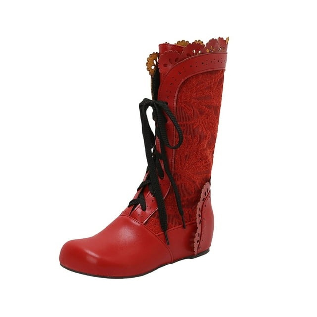 Xfvqtps Bottes pour Femmes Bottes d'Hiver Vintage Boho Plates Mi-Mollet Bottillons à Lacets Bout Rond Design Brodé Doublées en Molleton Chaussures Confortables Rouge
