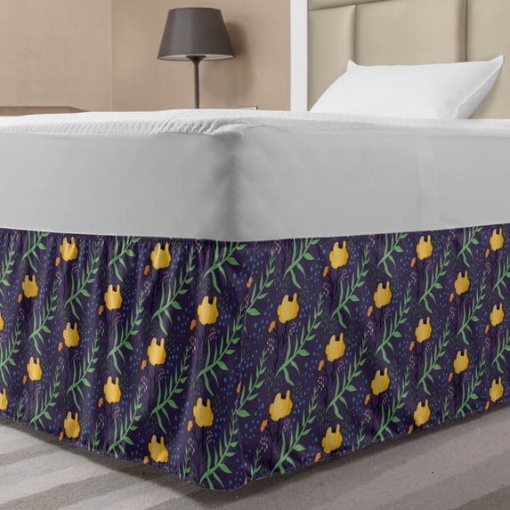 Garden Bed Skirt, Night Blue Backdrop with Floral Pattern Hand Drawn Yellow Blooms and Water Drops, Elastic Bedskirt Dust Ruffle Wrap Around for Bedding Decor, 4 Sizes, Multicolor, by Ambesonne