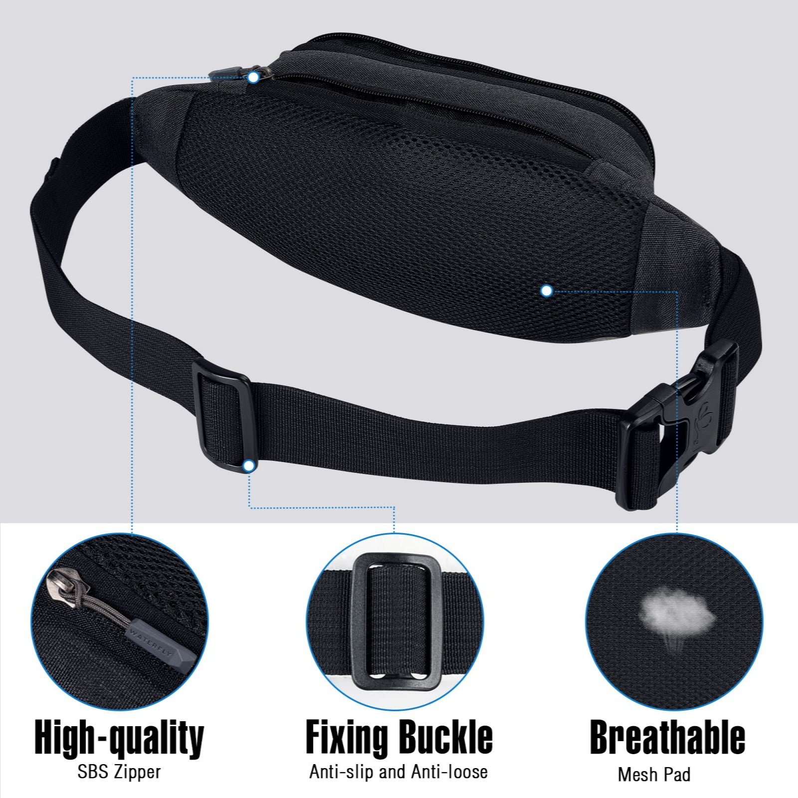 WATERFLY Unisex Lightweight Running Hiking Jogging Nylon Fanny Pack Waist Bag-Black