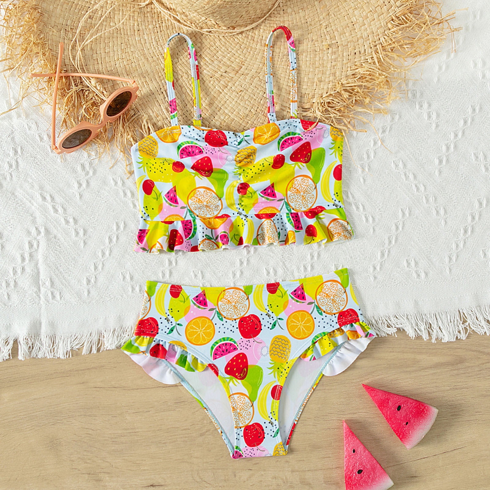 aDJFDGT Baby Girl Swimsuit 3 6 Months Long Sleeve Kids Girl s Fruit Print 2 Piece Swimsuit Swimwear Bathing Suit Cute Bikini