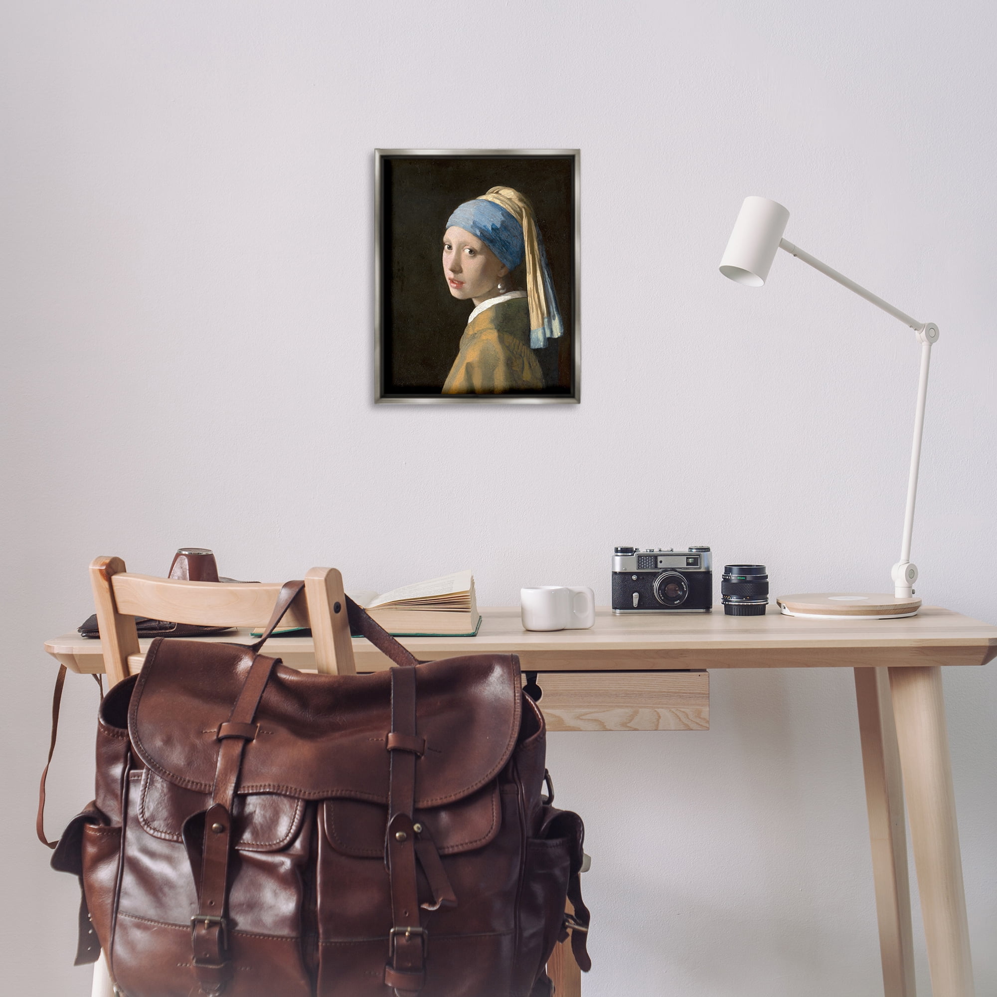 Stupell Industries Classical Vermeer Pearl Earring People Painting Gray Floater Framed Canvas Art Print Wall Art, 17 x 21
