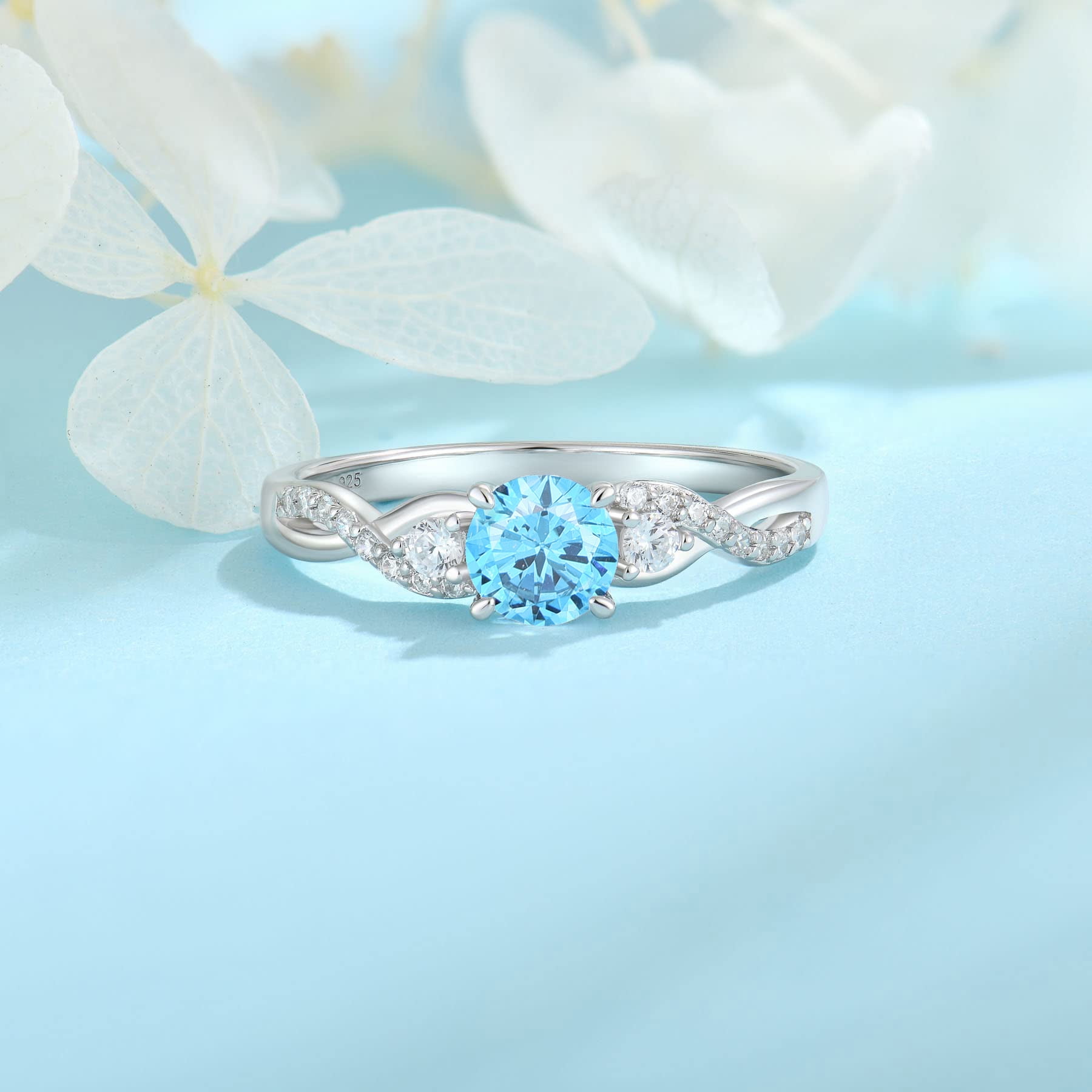 FJ Promise Rings for Her 925 Sterling Silver Engagement Ring Anniversary Wedding Eternity Ring Aquamarine March Birthstone Jewelry for Women Size 8