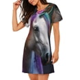 thumbnail image 2 of Fuzoiu Colorful Haired White Horse Print Women Nightgowns, Soft Comfy Lightweight Short Sleeves Sleepwear,Crew Neck Loungewear, 2 of 6