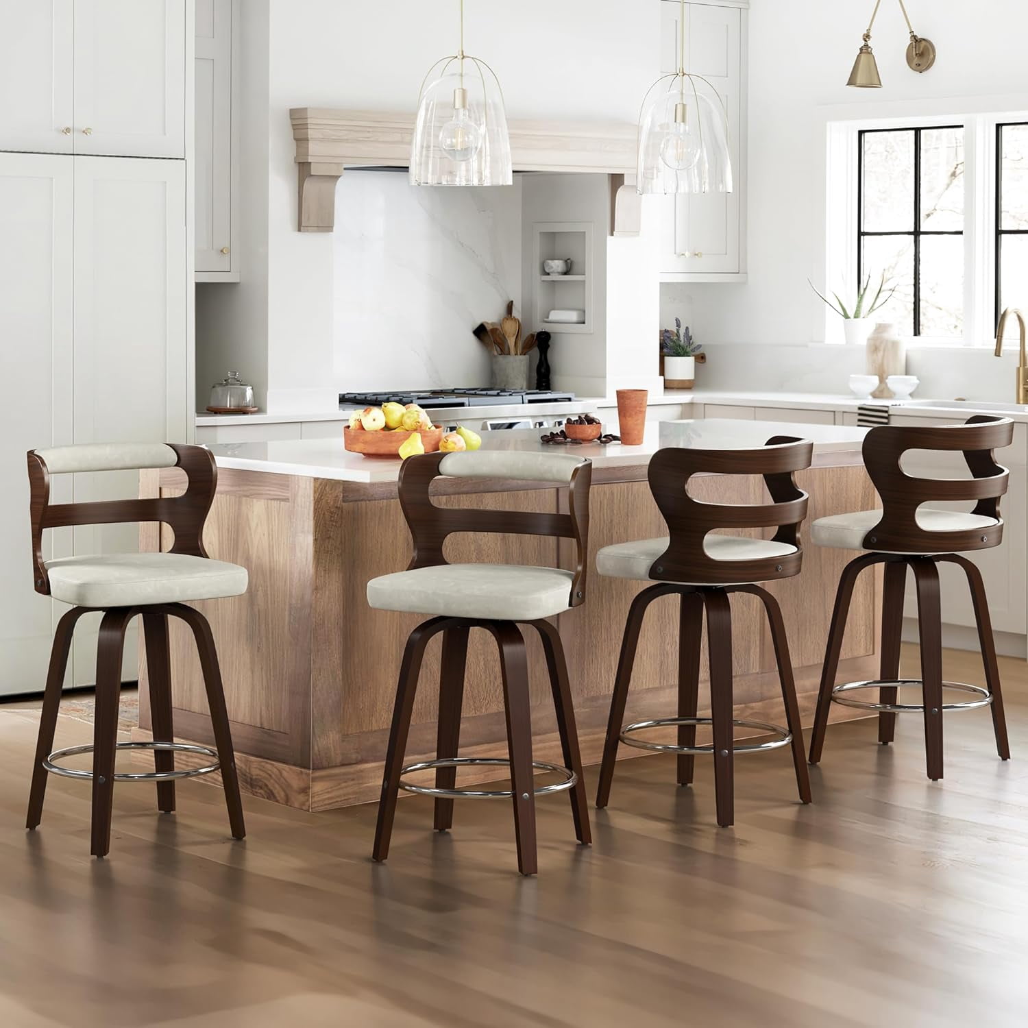 LUE BONA 26" Counter Height Bar Stools Set of 2, Swivel Counter Stools with Back for Kitchen, Light Beige Gray