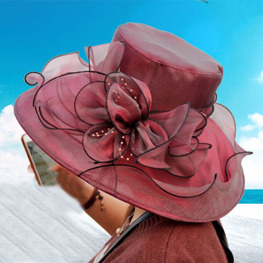 Besufy Women Sun Hat,Floral Organza Wide Brim Church Kentucky Derby  Fascinator Lady Tea Party Sun Hat Rose Red 