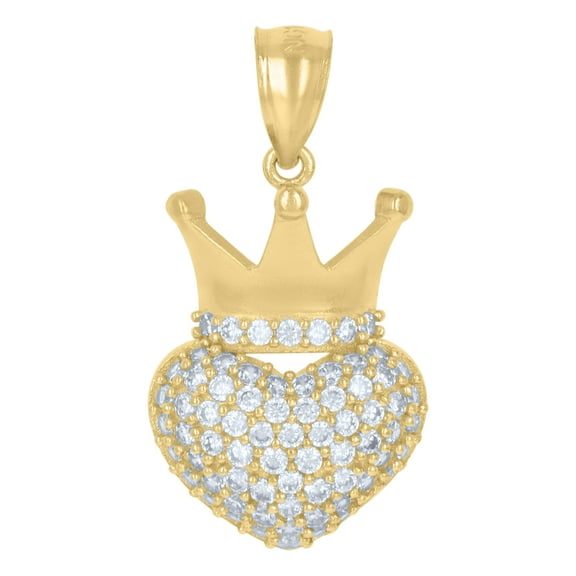 10K Yellow Gold Round CZ Women's 1" Love Charm Domed Heart w/ Crown Pendant