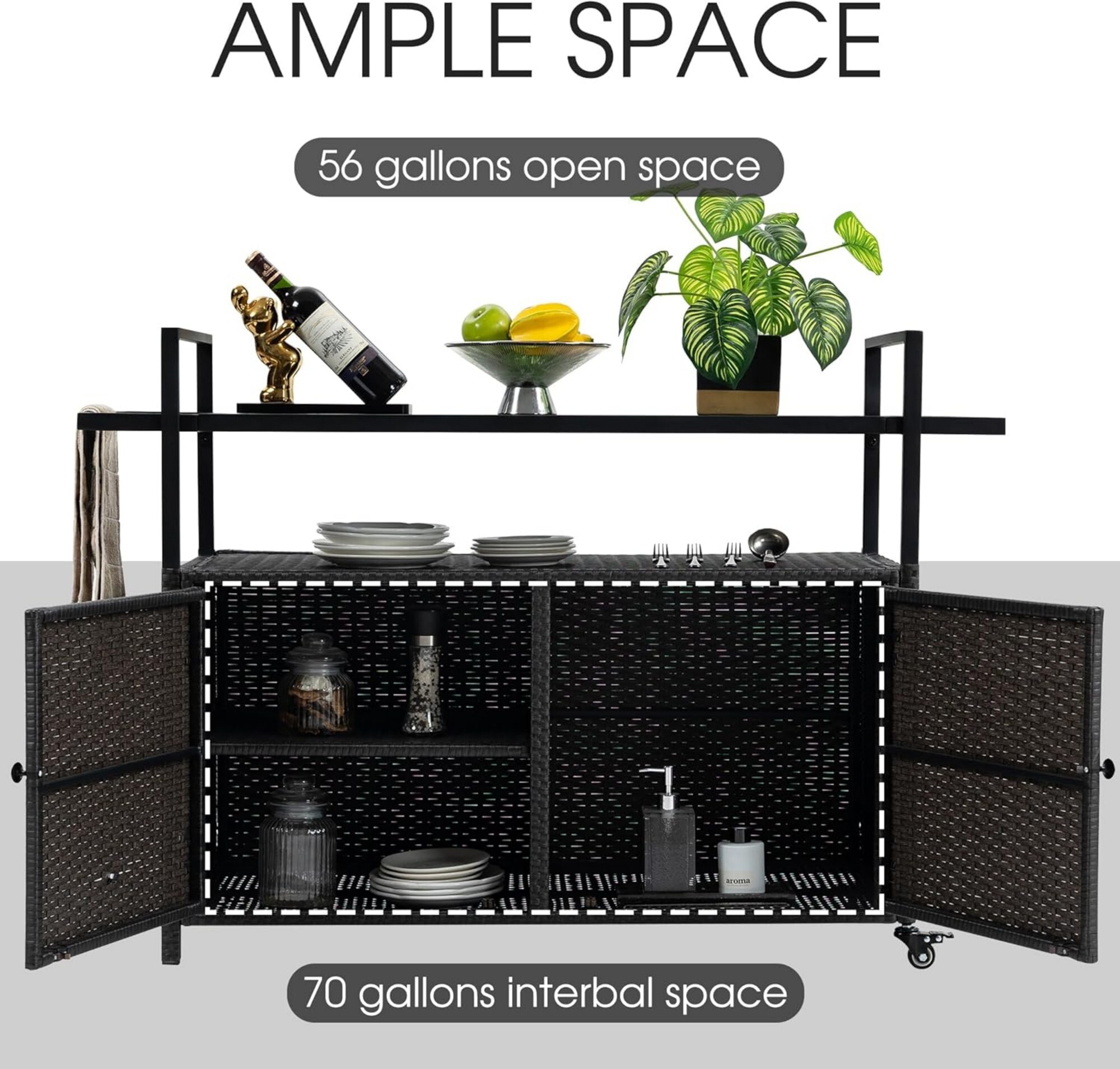 AENKYO Outdoor Bar Cart with Storage Cabinet, Glass Top, All-Weather Wicker Patio Serving Table with Wheels, Black