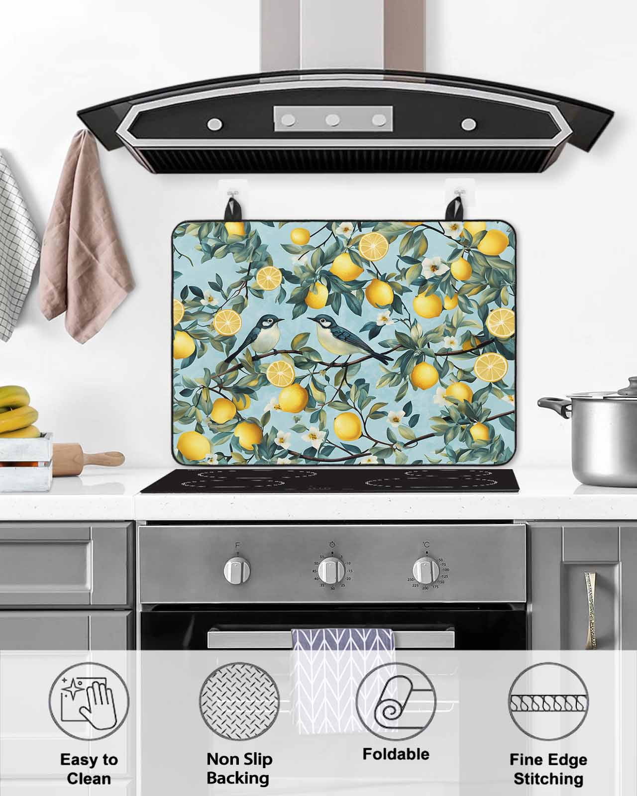 nqOlkjepod Large Induction Cooktop Protector Mat 24"x21", Lemon Bird Stove Top Covers for Electric Stove, Farmhouse Flowers Plant Leaf Spring Summer Stove Burner Cover Mats, Glass Top Stove Cover