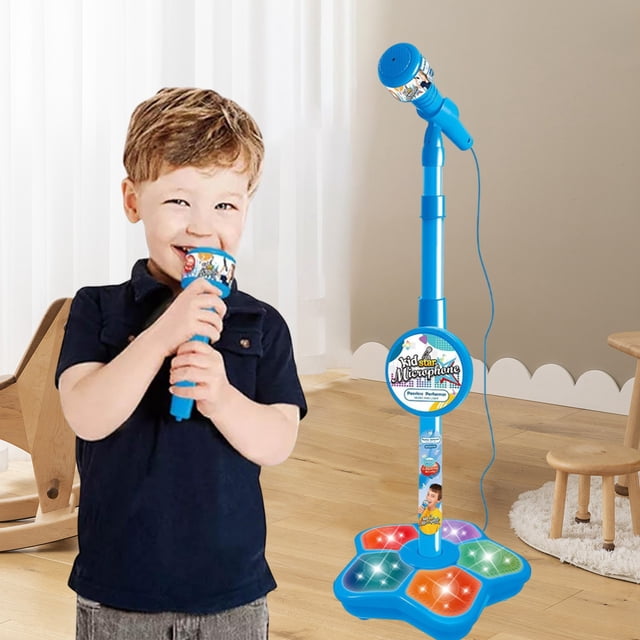 KOYPTL Jouets de Microphone avec Support de Microphone Ajustable pour Enfants Debout, Casque Portable Rétractable pour Chanter pour la Musique et Chanter avec 5 Lumières Éblouissantes pour Garçons et Filles de 3+