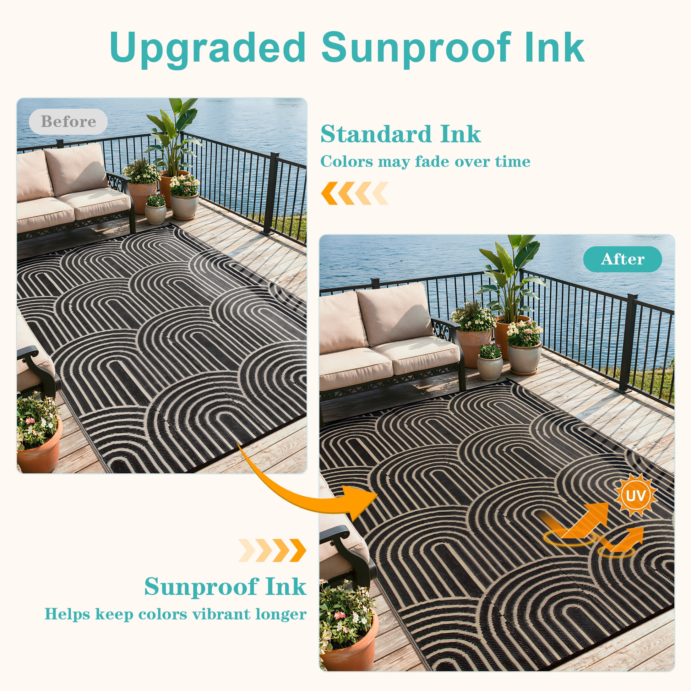 Wonnitar Large Outdoor Rugs Waterproof 8'x10' Reversible Plastic Straw Rug, Modern Rainbow Outside Carpet for RV Patio Deck Porch Balcony Picnic Camping Beach, Black&Brown-Rainbow
