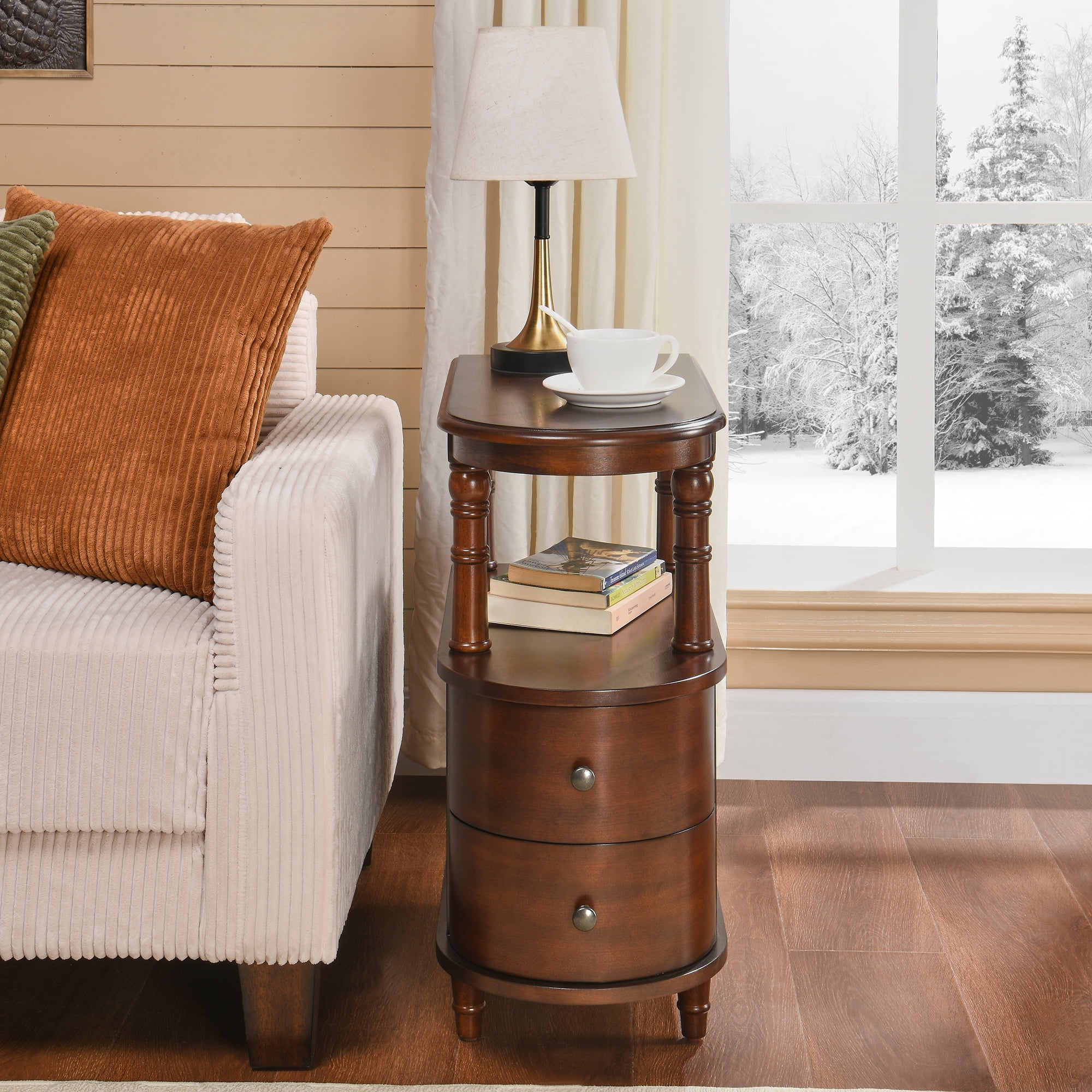 Solid Wood End Table with 2 Drawers, Narrow Sofa Side Table Slim Chair Side Table with Storage Shelf, Vintage Slim Nightstand Bedside Table（Cherry Walnut）