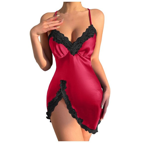 Nightgowns for Women Women's Solid Color V Neck Lace Home Fun Sleeping Slit Suspenders Women's Sleepwear Backless Cami Dress