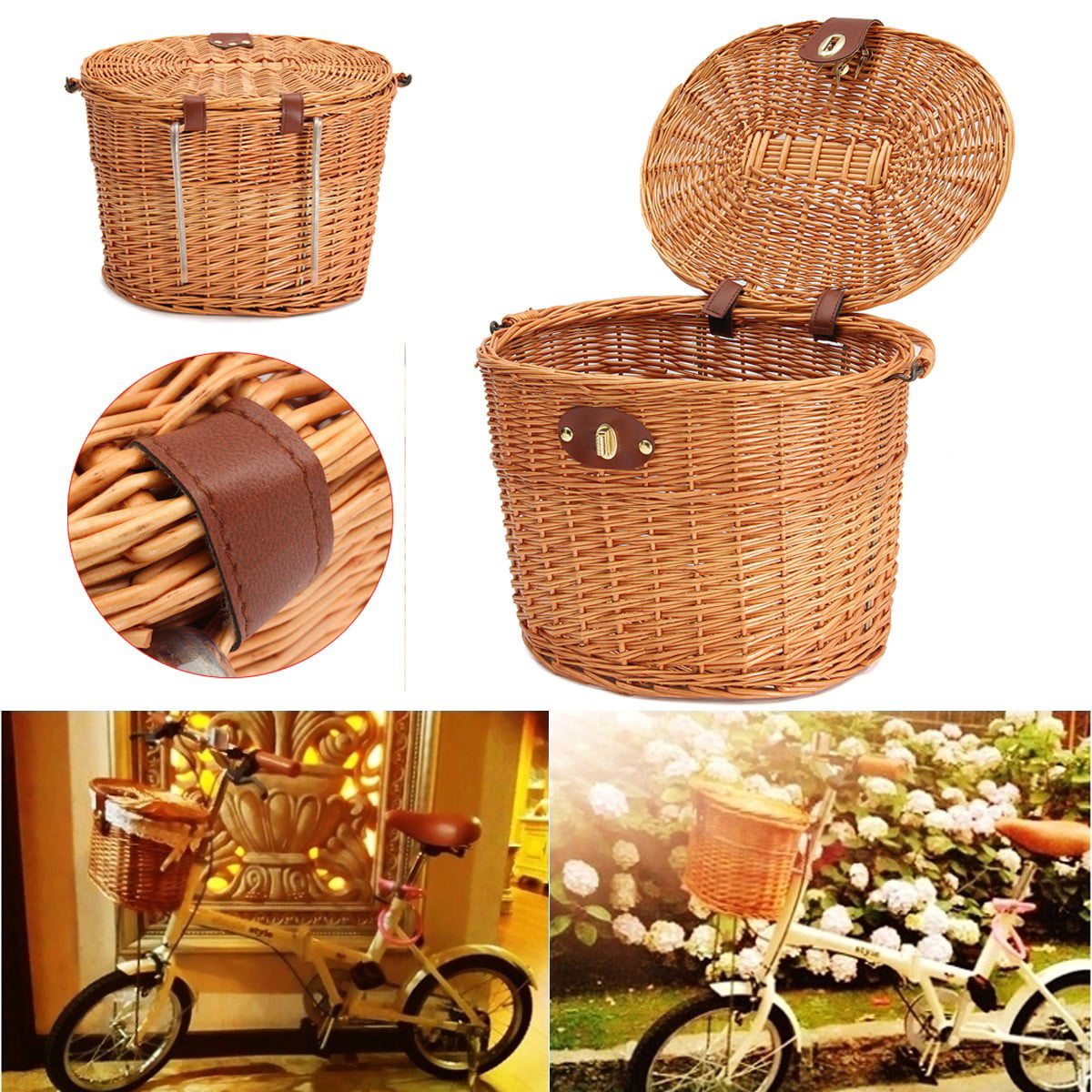 Wicker D-Shaped Bike Basket Portable Hand-Woven Shopping Basket Folk Craftsmanship Bicycle Storage Basket with Leather Straps iSunday Bicycle Wicker Basket