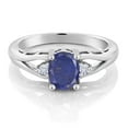 thumbnail image 2 of Gem Stone King 925 Sterling Silver Blue Lapis and White Moissanite 3 Stone Engagement Ring for Women | 1.48 Cttw | Oval 8X6MM | Round 2MM | Gemstone Birthstone | Size 7, 2 of 4