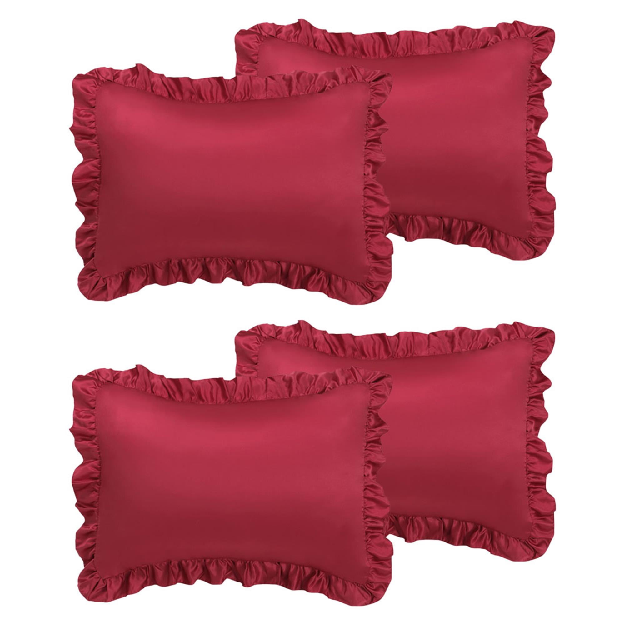 Set Of 4 Satin Pillow Shams Oxford Pillowcase W Ruffled Decor Burgundy