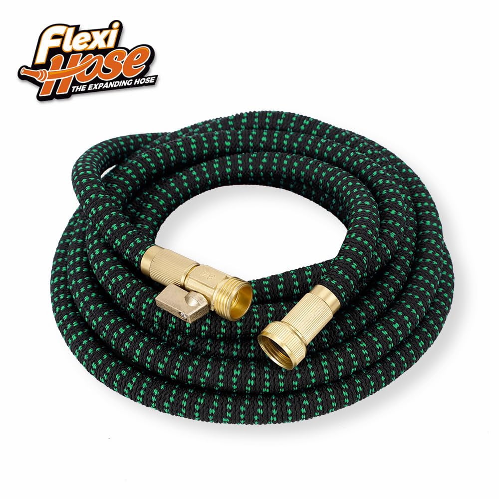 Flexi Hose with 8 Function Nozzle, 50FT - Lightweight Expandable Garden Hose, No-Kink Flexibility, 3/4 Inch Solid Brass Fittings and Double Latex Core - Black and Green