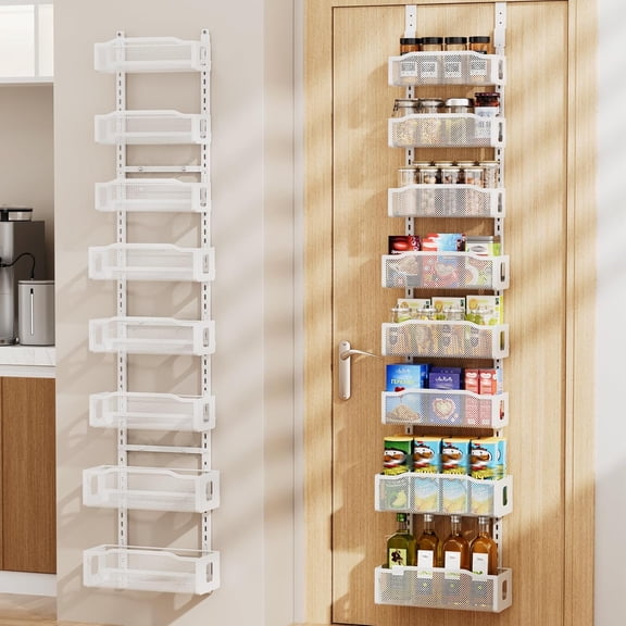 8 Tier Over the Door Pantry Organizer, 2in1 Hanging or Wall Mount Spice Rack Seasoning, Adjustable Heavy-Duty Narrow Pantry Door Organizer and Storage for Kitchen Cabinet and Bathroom,12" White