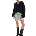 thumbnail image 2 of Female Chunky Cable Crop Sweater Pullover Casual Half Button Flared Long Sleeve Jumper Pullovers Black M, 2 of 9