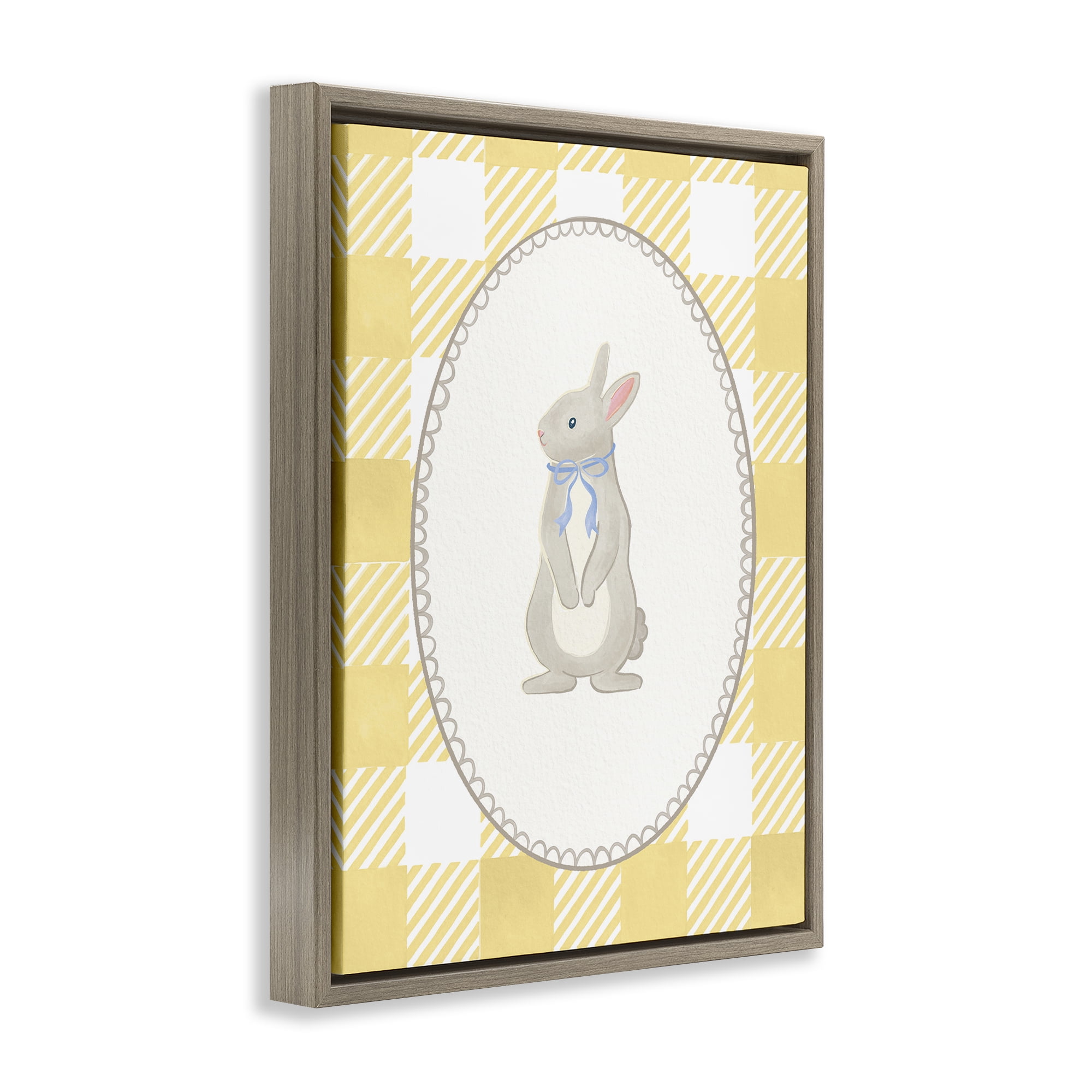 Stupell Industries Little Bunny on Yellow Gingham Brown Framed Floater Canvas Wall Art, design by The Paper Curator