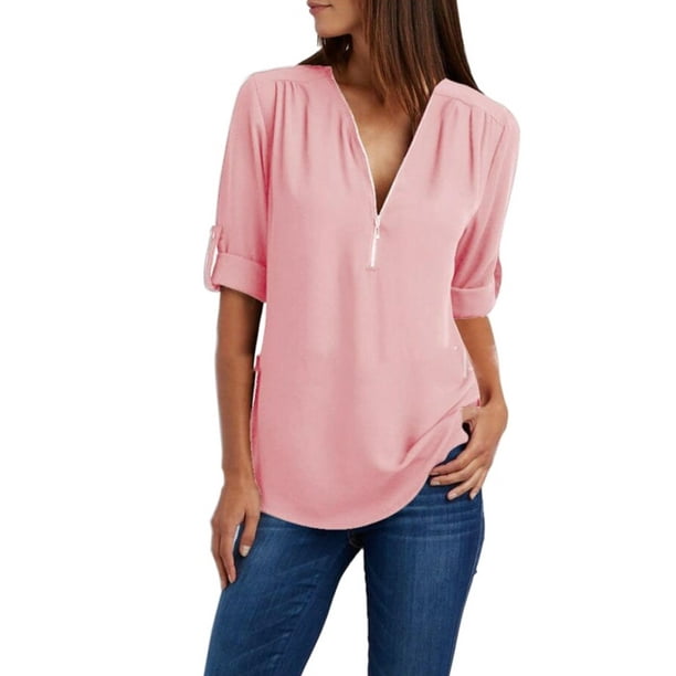 FUNCEE Summer Plus Size Women Loose V Neck Zipper Long Sleeves