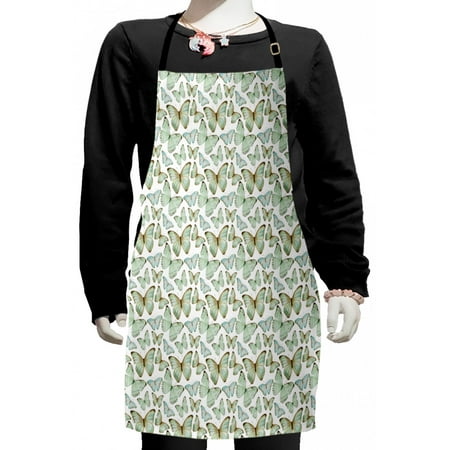 

Butterfly Kids Apron Repeating Illustration of Detailed Watercolor Like Spring Animal Boys Girls Apron Bib with Adjustable Ties for Cooking Baking Painting White Pale Green and Brown by Ambesonne