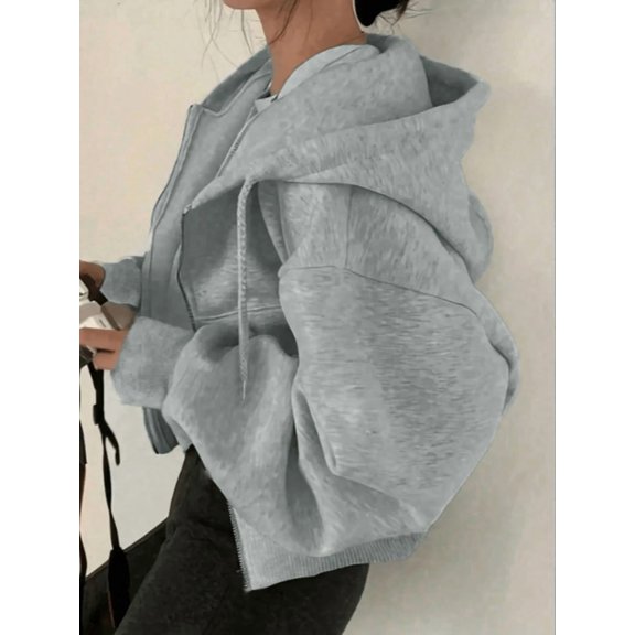 Women’s Casual Hooded Zip-Up Jacket, Solid Color Drawstring Long Sleeve Coat with Pockets for Spring, Fall and Winter