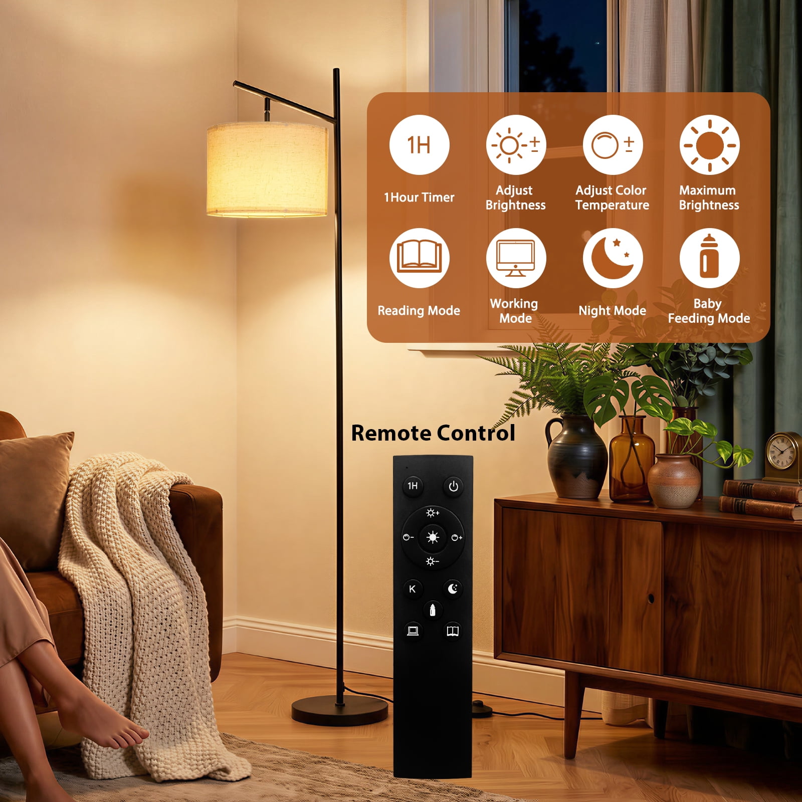 64" Floor Lamps for Living Room with Remote Control 3 Color Temperature Dimmable Standing Lamp Tall Pole Lamps for Bedroom, Office,Gold,Bulb Included