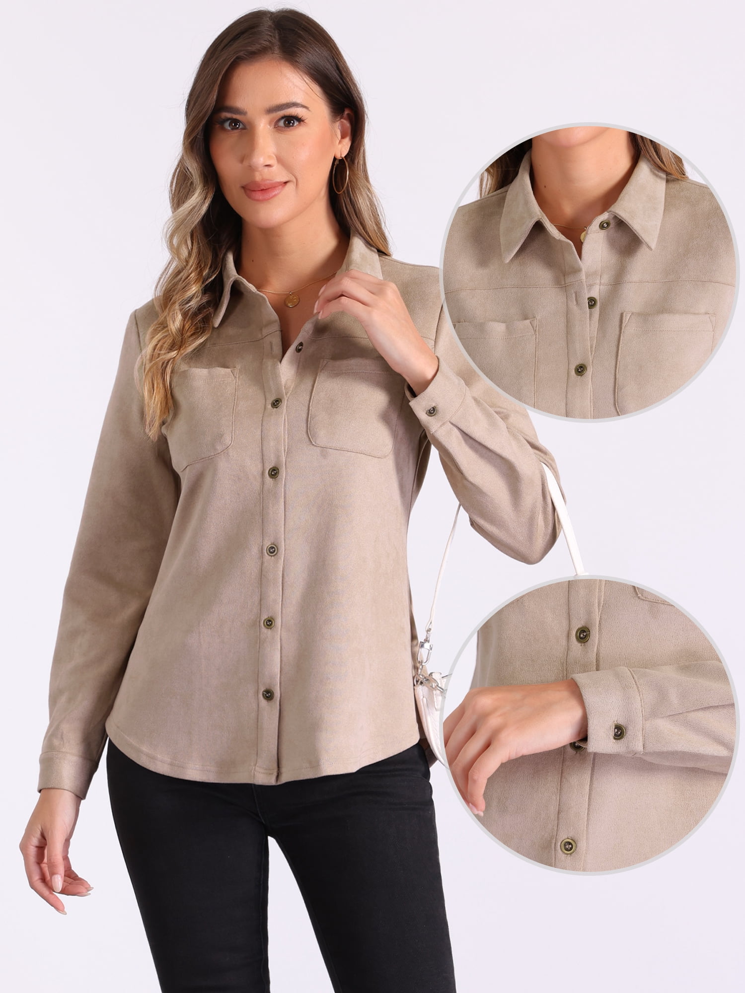 DARING DIVA Women's Button Down Long Sleeve Blouse Casual Spring Fall S Beige