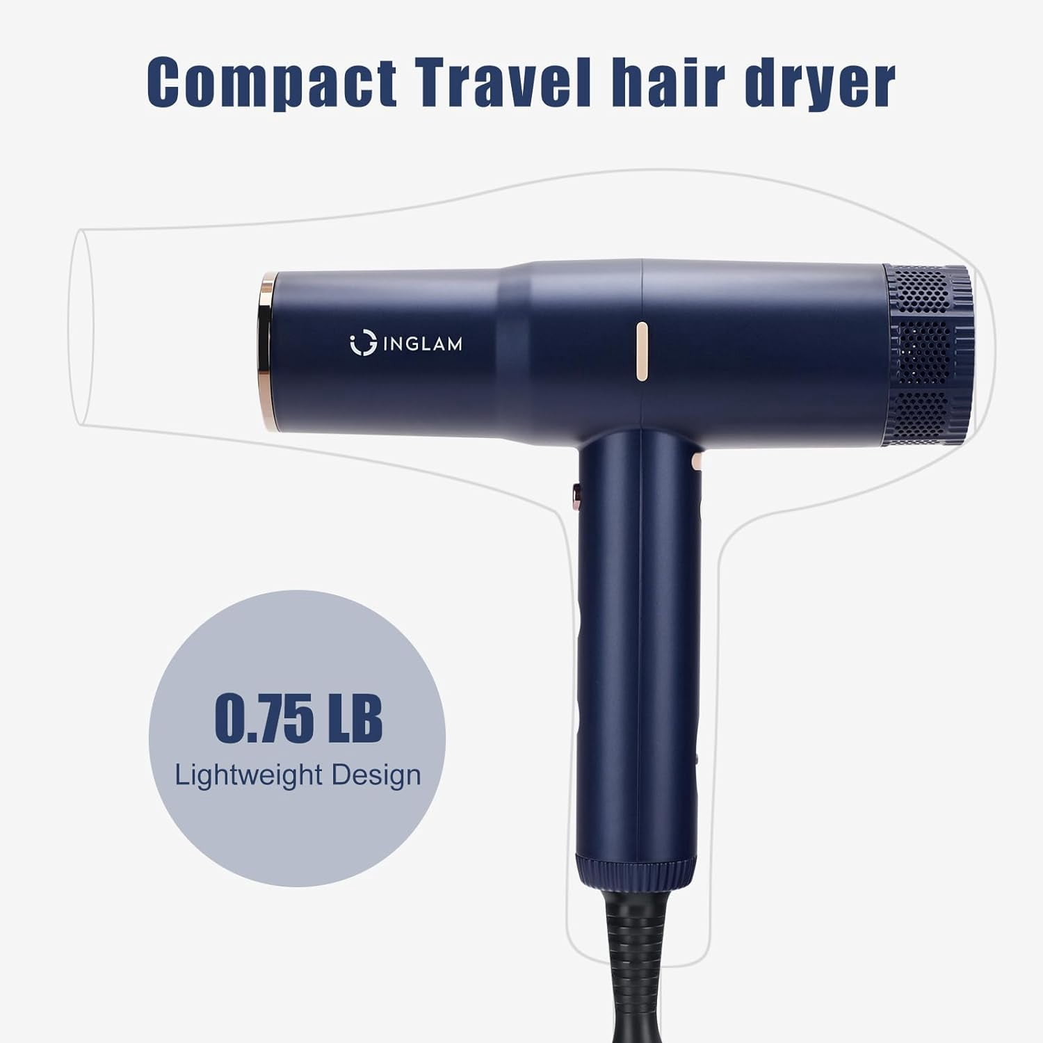 IG INGLAM 1875W ALCI Safety Plug, Lightweight Hair Dryer, 110,000 RPM Brushless Motor, Negative Ion Generator, 3 Heat & Speeds Settings, Auto Clean Function, Portable, 125V, 60HZ