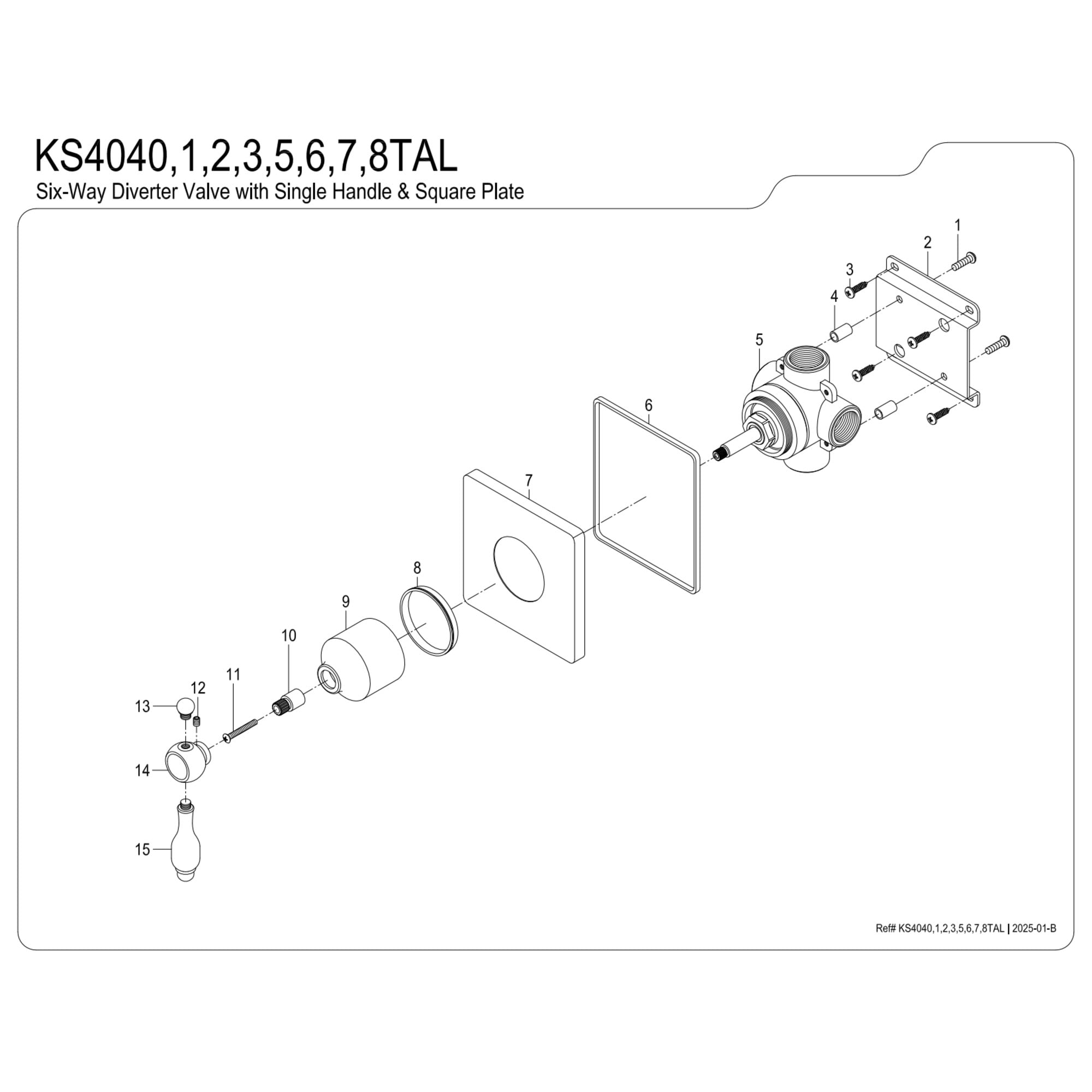Kingston Brass KS4048TAL Tudor Single-Handle Six-Way Diverter Valve with Square Trim Kit, Brushed Nickel