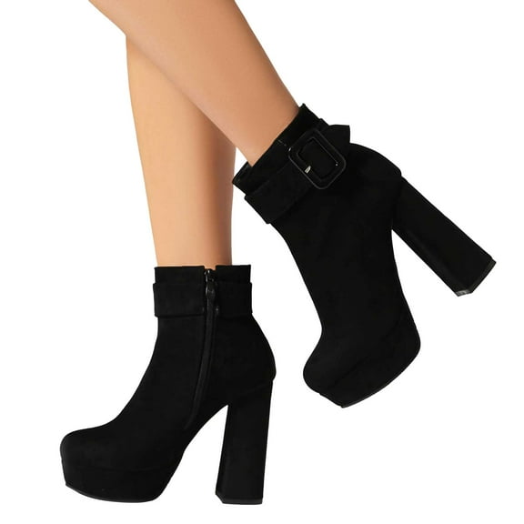 Womens Platform Chunky High Heels Dress Boots with Side Zipper Buckles Winter Fall Suede Pumps Ankle Booties for Ladies