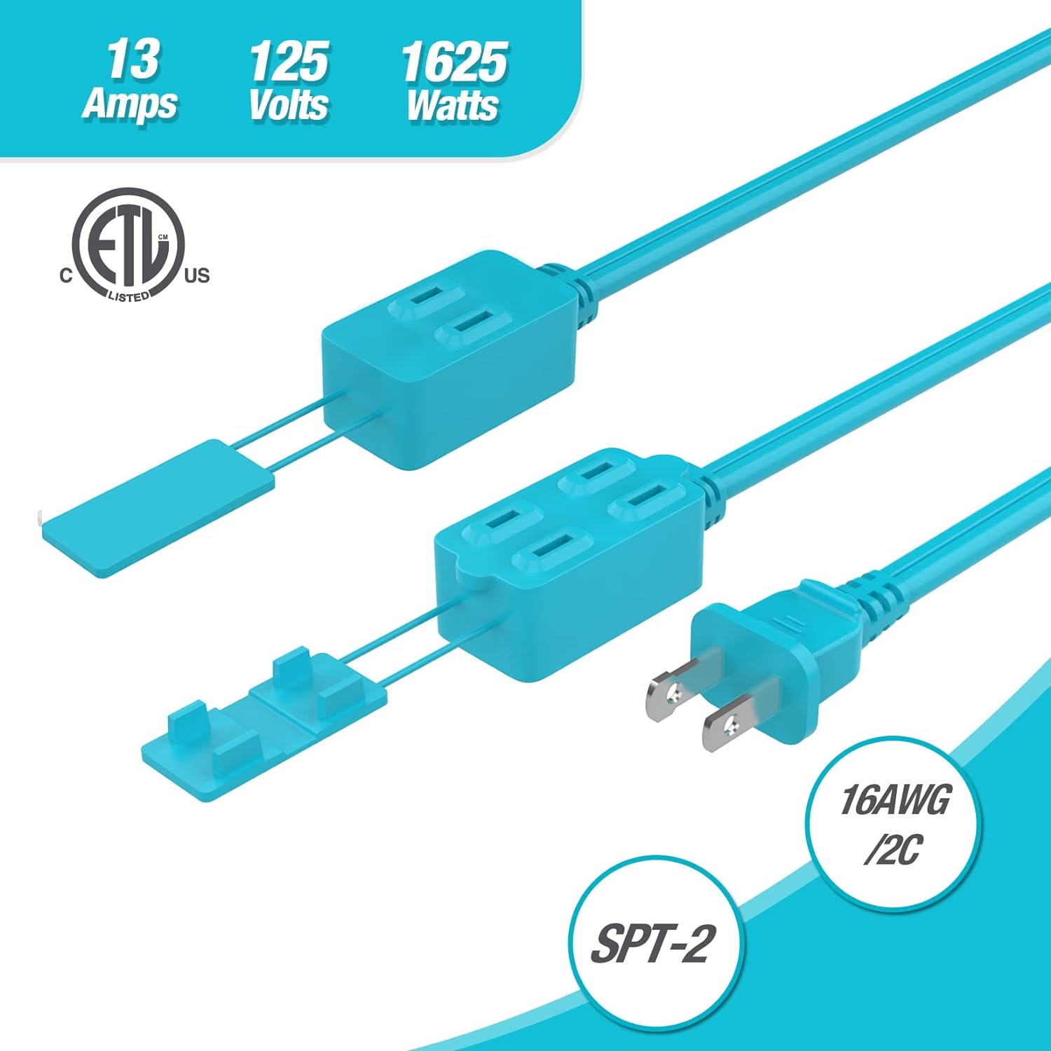 DURATECH 16 Gauge 12 Ft Indoor Extension Cords, 3-Outlet Power Strip- 2 Prong, with Safety Cap, Perfect for Home, Office or Kitchen, Blue, 2 Pack